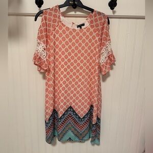 Girls Orange and White Geometric Short Sleeve Dress